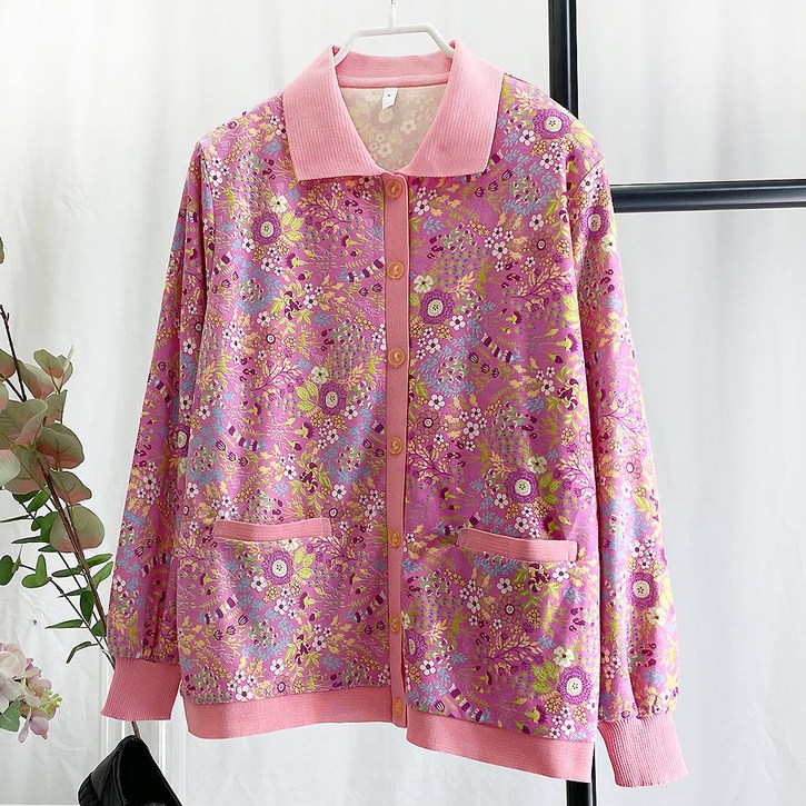 국민할매 엄마옷 국내생산 할머니옷 꽃무늬 배색 코튼 카라 가디건 티셔츠[SBOH] 봄가을 요양원옷 중년 여성의류