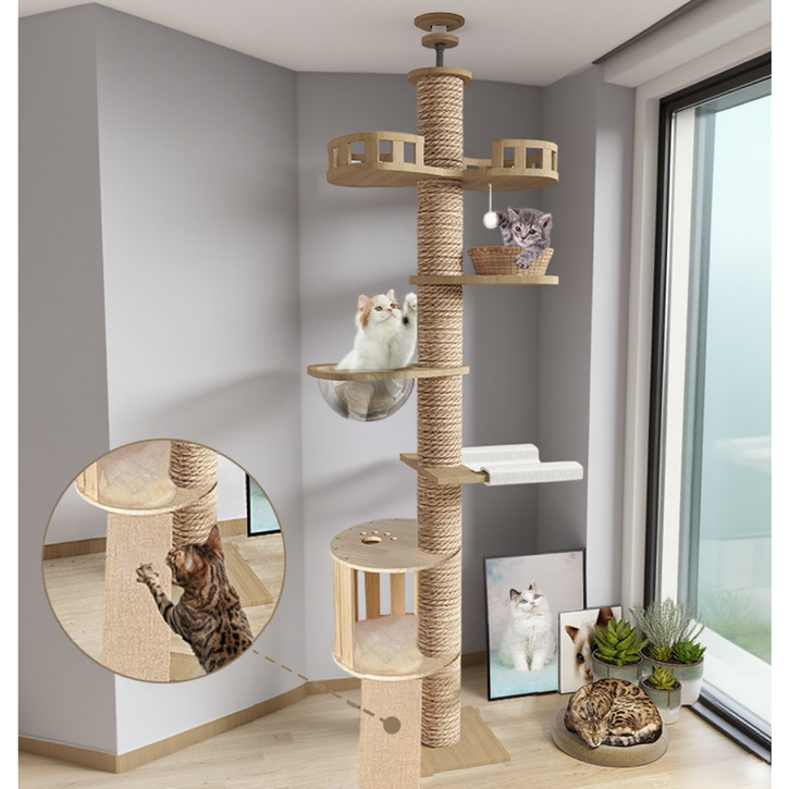 포조이 캣폴, 튼튼한 다기능 고양이 캣타워, 원목 대형 멀티 클라이밍 놀이터 링트리 등반 프레임 + 스크래쳐 + 고양이장난감