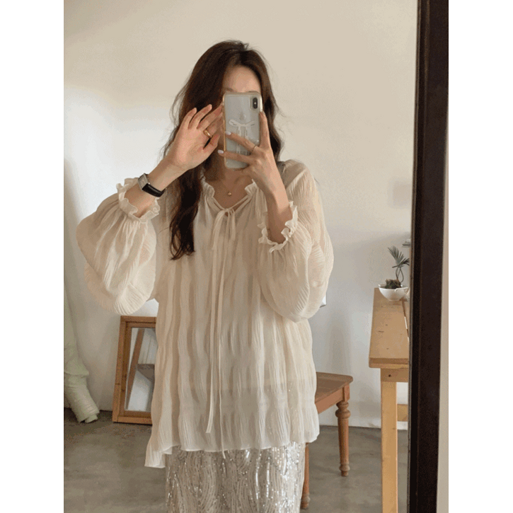 루어스룸 끌레르 가을 프릴 셔링 리본 스트랩 하객룩 루즈핏 롱 블라우스 2color