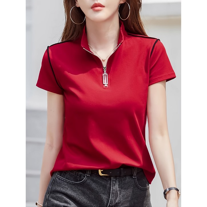 여름 신상 슬림핏 반집업 터틀넥 여성 반팔 티 상의