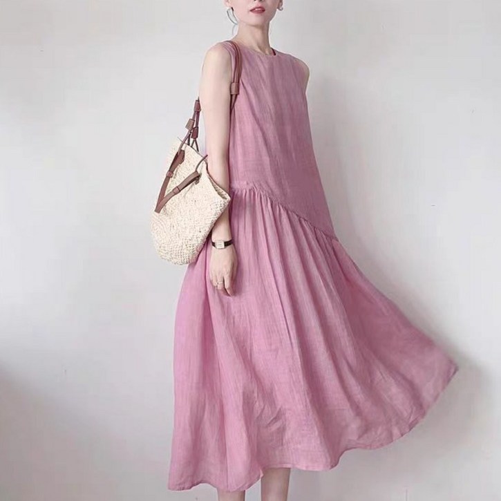 비아이와이 여성 여름 면마 오버핏 시원한 민소매 롱원피스 데일리룩 DH1280