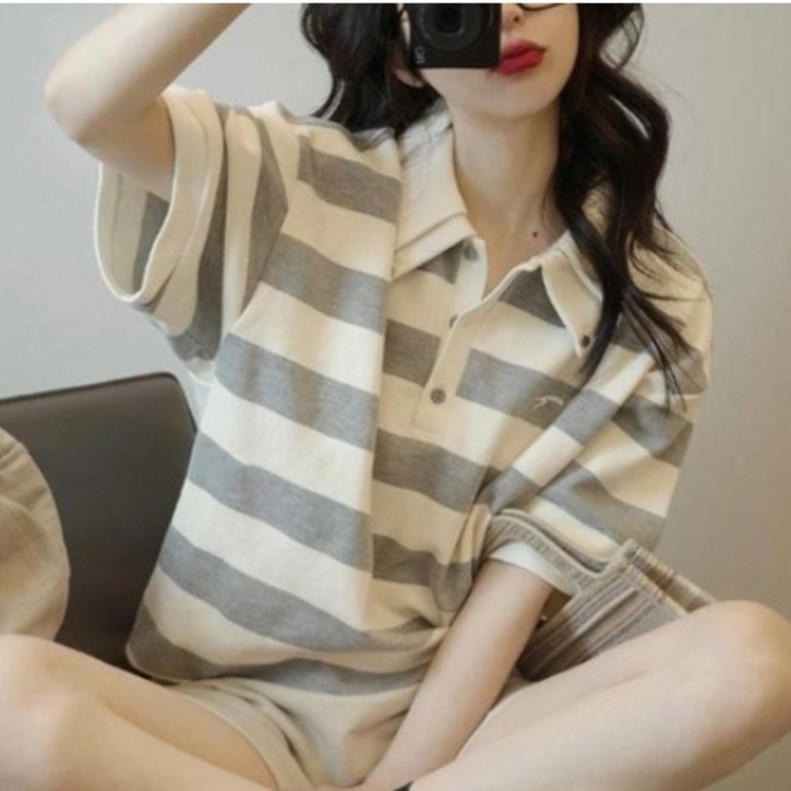 ANYOU 여성 버튼넥 스트라이프 반팔 티셔츠 카라 루즈핏 반팔티