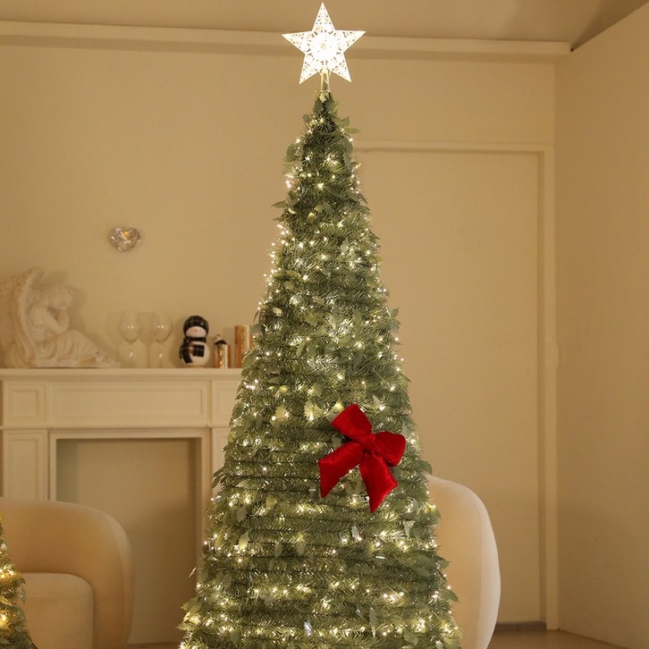 조아트 크리스마스트리 지네전구 탑별 벨벳뽕리본 원터치트리 세트, 그레이  웜등, 180cm