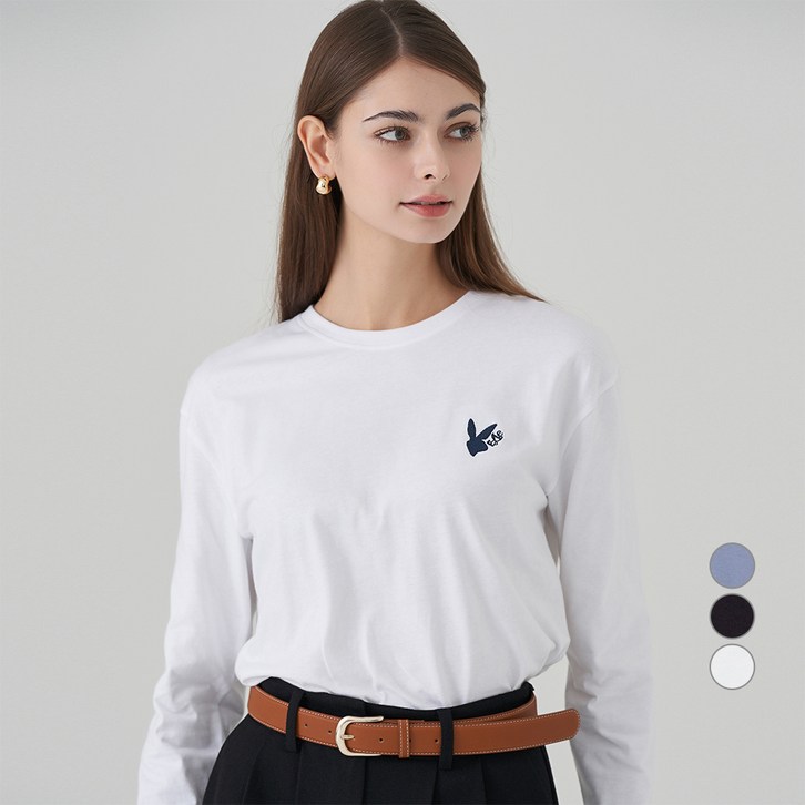 ELLE PARIS 여성용 레빗 자수 릴렉스핏 긴팔 티셔츠