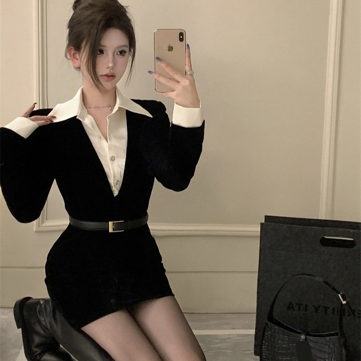 아이엠몽 여성용 셔미 페이크 레이어드 셔츠 미니 니트 원피스 아이엠몽 여성용 셔미 페이크 레이어드 셔츠 미니 니트 원피스