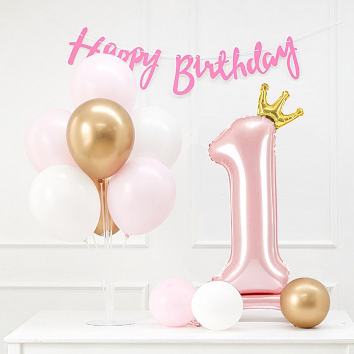 조이파티 풍선스탠드 + 생일가랜드 + 숫자풍선 생일세트 1, 핑크, 1세트 - 쇼핑뉴스