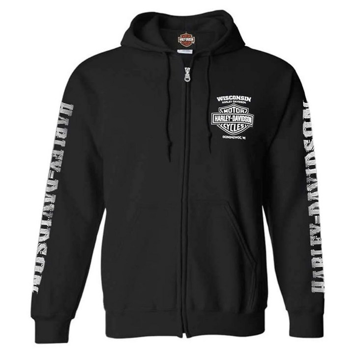 할리데이비슨 남성 크레스트 풀 지퍼 후드 스웨트셔츠 블랙