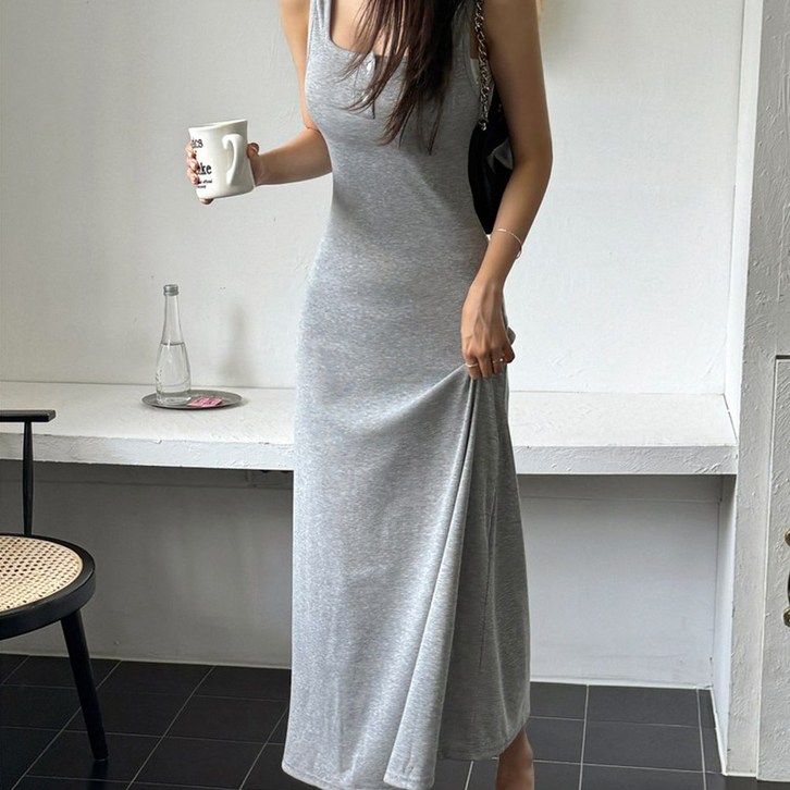 떳다그녀  모이스트 헨리넥원피스 단추원피스 슬리브리스 골지원피스 H라인원피스 스퀘어넥원피스 슬림원피스 바캉스룩 롱원피스