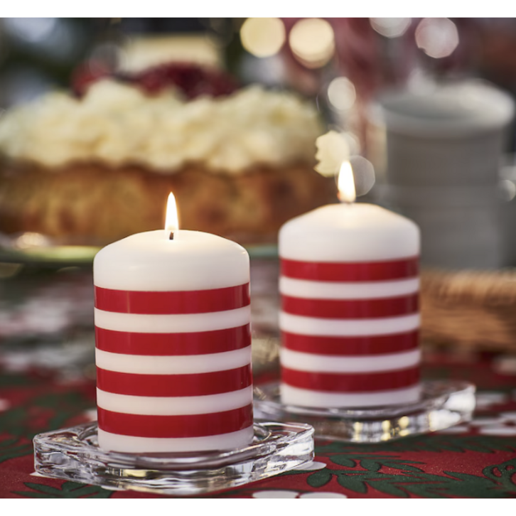 이케아 빈테르핀트 기둥모양 무향양초, 줄무늬 패턴 레드화이트, 10 cm 2개 005.813.53