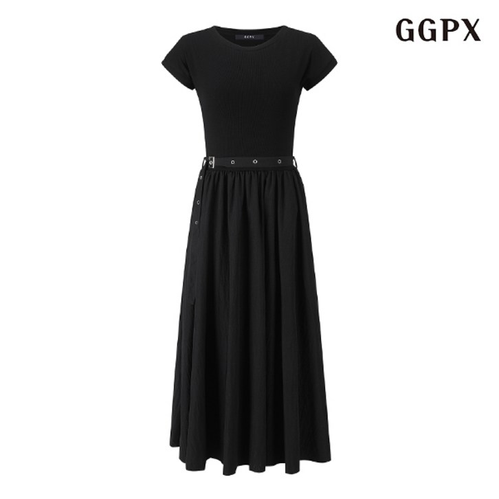 GGPX 라운드넥 배색 벨티드 플레어 롱 원피스 GOBOW001D
