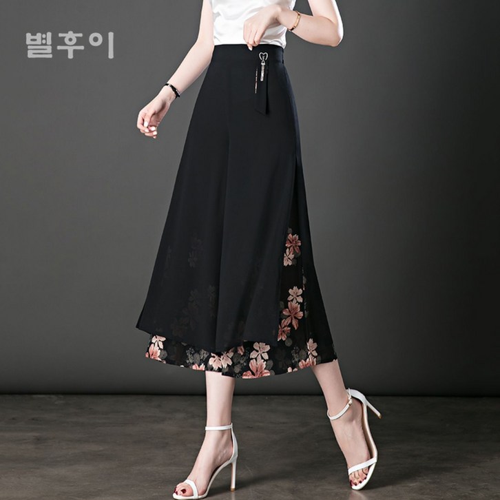 별후이 여성용 데일리 빅사이즈 중년 와이드 아이스 9부 쉬폰팬츠 옆트임 치마바지