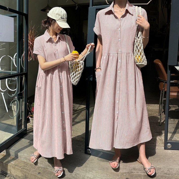 데일리앤 어반 루즈핏 캡소매 스트라이프 지지미 반팔 롱 셔츠 원피스 여름 휴양지 빅사이즈