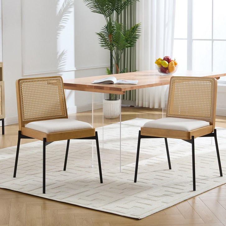 Tosee 미드센츄리 스타일 원목 라탄 등받이 블랙 메탈 다리 식탁 의자,2개, 2개, 베이지색