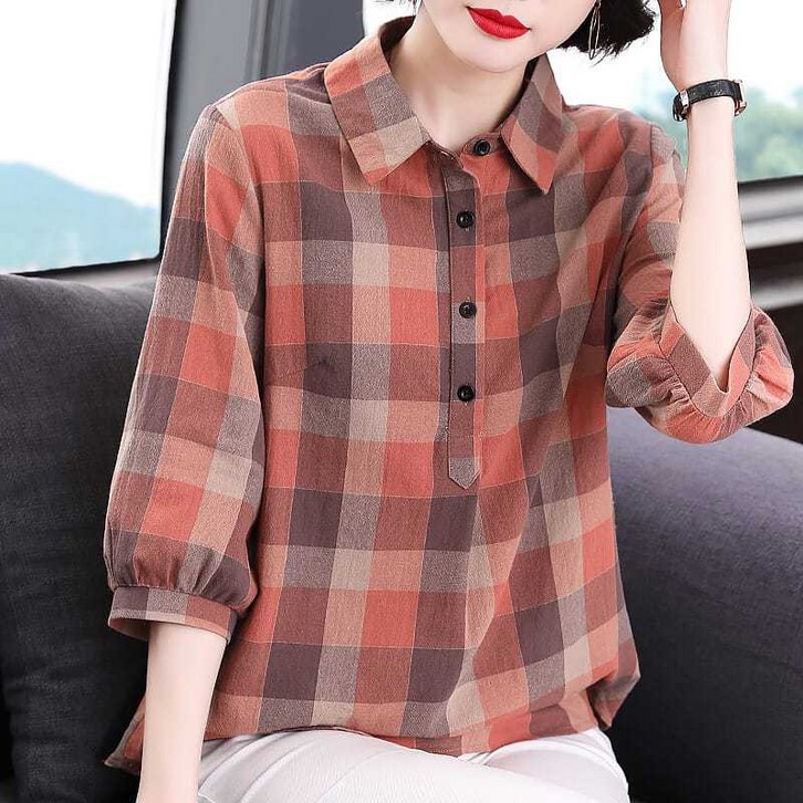 엄마옷 50대 50대 면마 칠부소매 체크 블라우스 빅사이즈 순면 남방 단추 카라 셔츠 엄마옷 50대 50대 면마 칠부소매 체크 블라우스 빅사이즈 순면 남방 단추 카라 셔츠