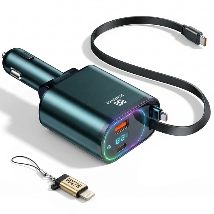 SUNRIVER 차량용 초고속 충전기 240W 3세대 4in1 C타입 2개 애플 변환 잰더 포함 PD USB 4대 동시 충전, 240W앰레인보우 램프C타입to애플 변환 젠더