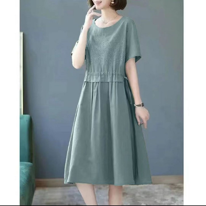 중년 여성 여름 롱 원피스 편안한 루즈핏 라운드넥 반소매 원피스 JS