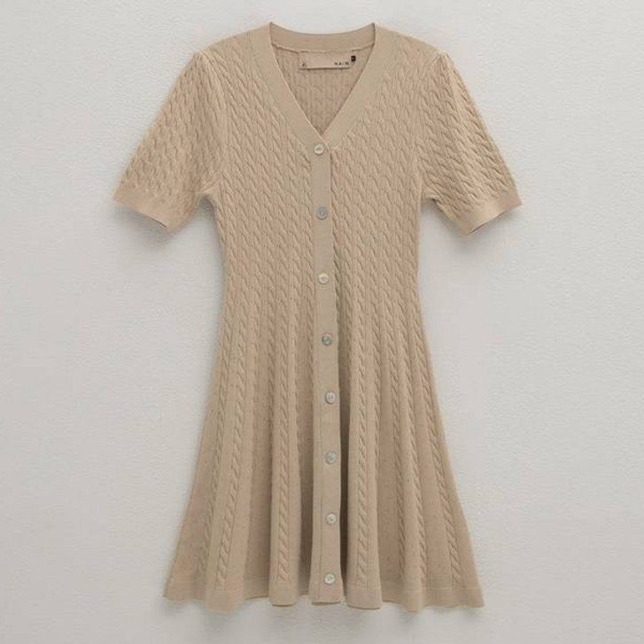 나인 브이넥 소매볼륨 케이블 니트 원피스 ROP5900