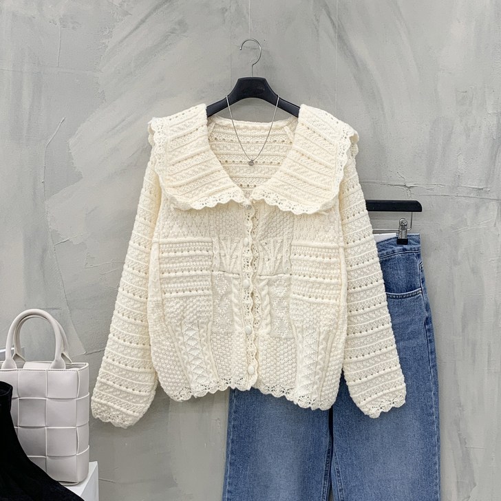 행복여 아엘 빅 카라 뜨개 니트 가디건