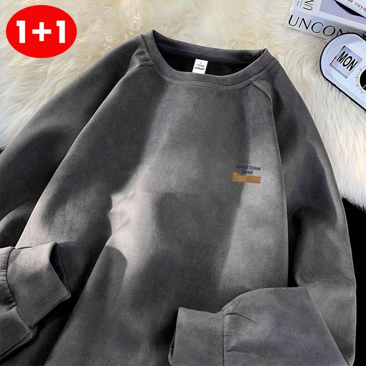 AOUGK 11 남자 오버핏 스웨이드 맨투맨 빅사이즈 긴팔 티셔츠 앤티크 라운드티 두꺼운 긴팔티 데일리