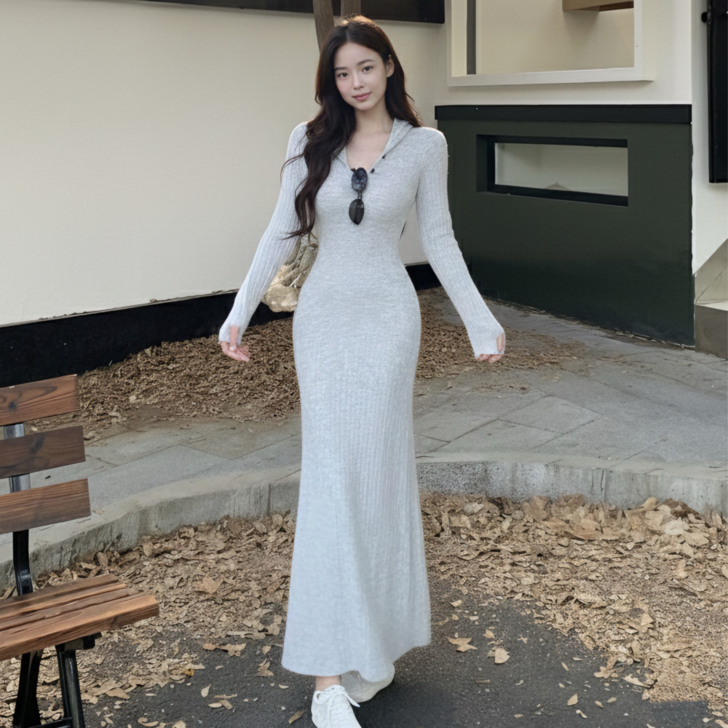 골지 니트 후드 롱 원피스 슬림 겨울 가을