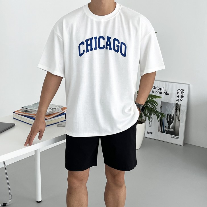 데일트 시카고 남자 오버핏 레터링 프린팅 여름 반팔 티셔츠