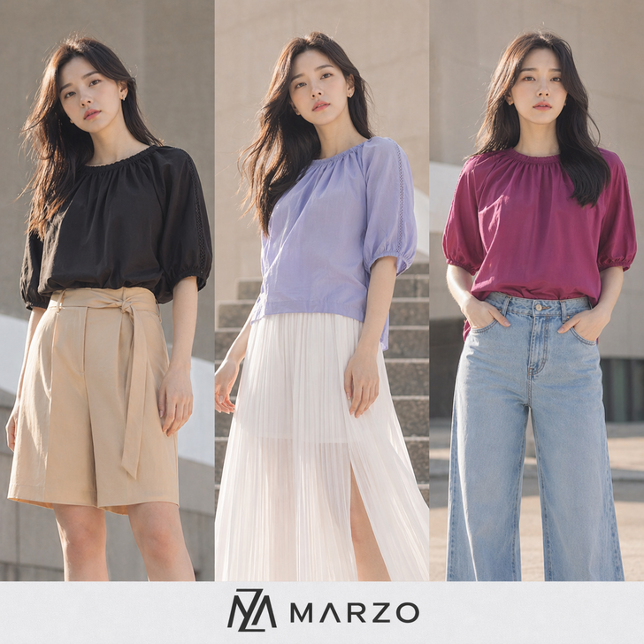 여성 간절기 구김없는 하객룩 반팔 셔링 블라우스 3종5DMFB034