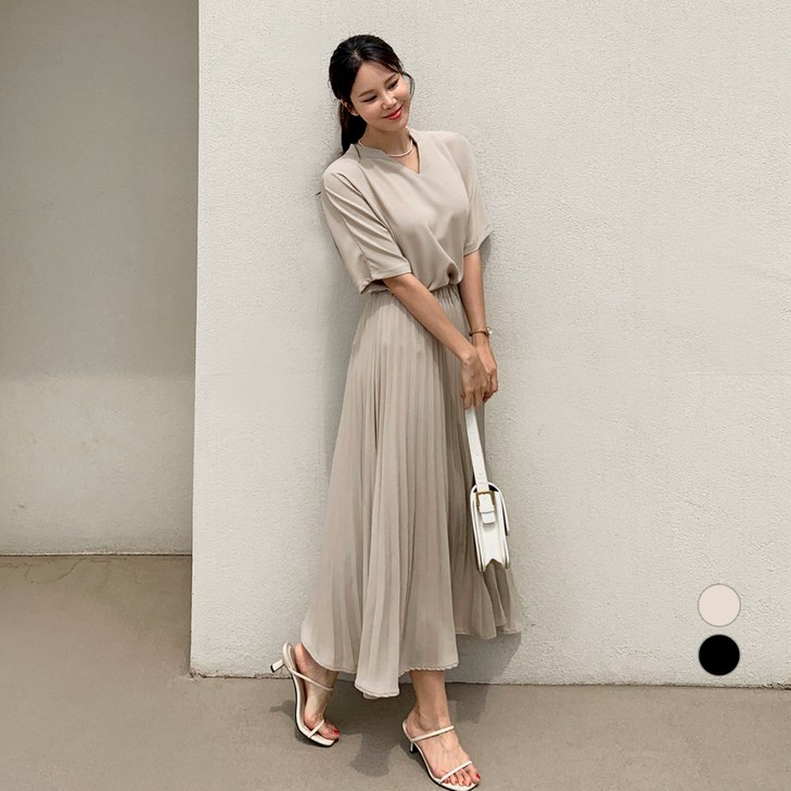 바블링브룩 여성용 트임 넥 블라우스 플리츠 롱 스커트 투피스 세트