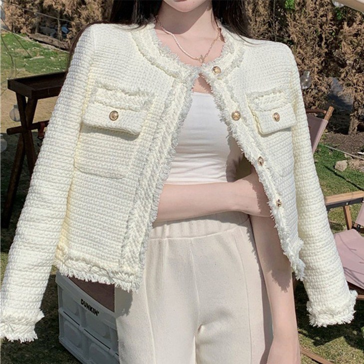 엘바리스 여성 트위드 프린지 수술장식 노카라 주얼리버튼 라운드넥 가디건