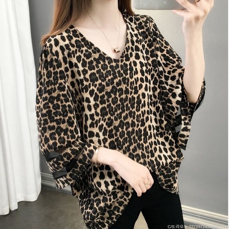 라오농 호피무늬 얇은 칠부소매 블라우스 여 여름 레이스 펀칭 루즈핏 빅사이즈 상의 2d505LL