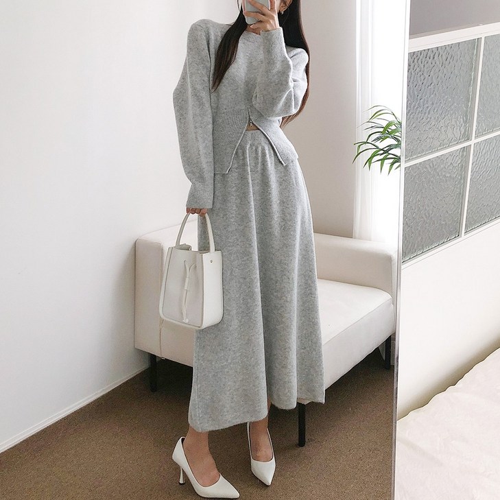 요시아나 당일발송 에클레 지퍼 포인트 가오리 니트 롱스커트 투피스 세트 2컬러