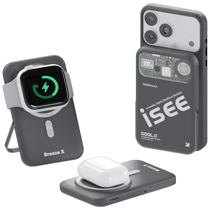 아이시isee 맥세이프 준고체 CCC 인증 3in1 대용량 10000mAh 쿨링 거치대 보조배터리 브리즈X 터보 냉각팬무선고속충전애플워치갤럭시 워치 호환, 블랙, 애플워치