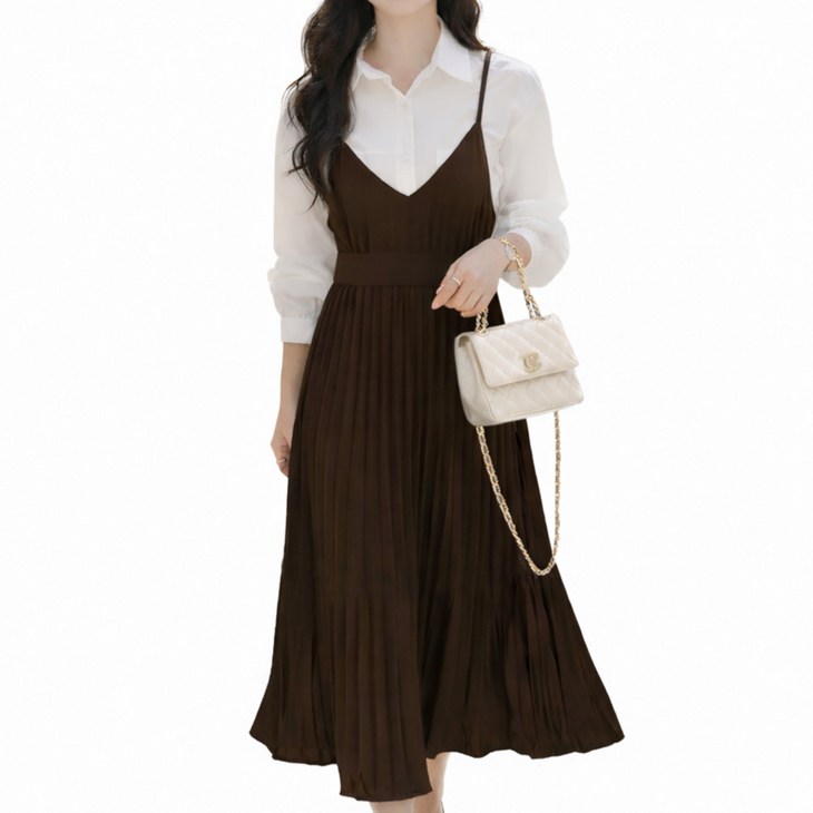 메리앤유 벨벳 스웨이드 터치 플리츠 주름 뷔스티에 멜빵 롱 원피스