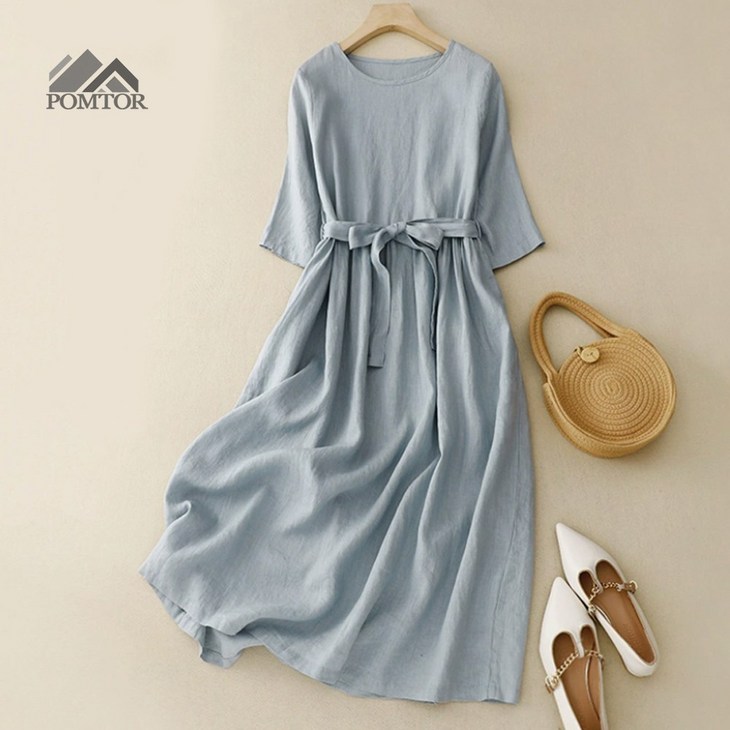 POMTOR 여성 심플 반소매 루즈핏 무지 원피스 면 린넨  원피스