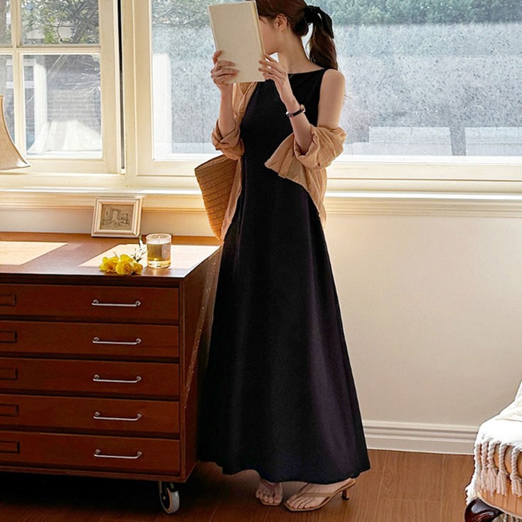 보리맘 보트넥 민소매 끈 나시 A라인 롱 임산부 원피스 G960