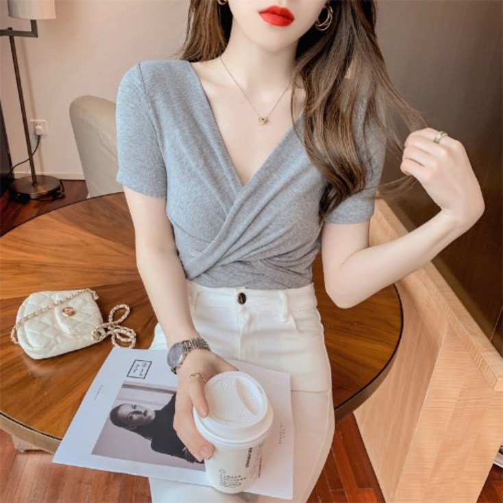 Ogfaour 여름 여성 슬림 브이넥 셔링 반팔 티셔츠