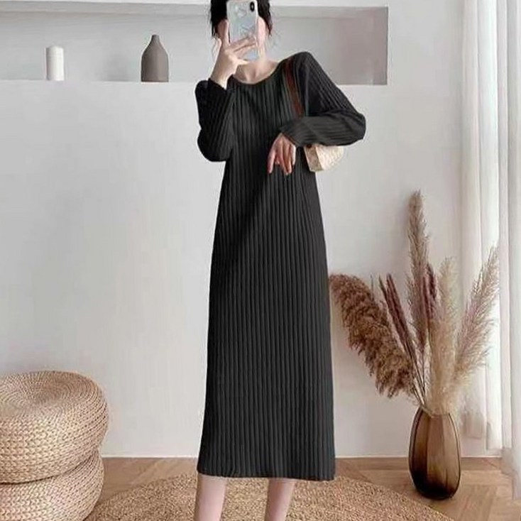 제이네오 니트 롱 원피스 여성 빅사이즈 드레스 스판 데일리 스웨터