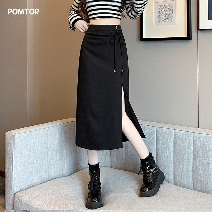 POMTOR 스커트 롱스커트 옆트임 지퍼 슬림 H라인 플리츠스커트