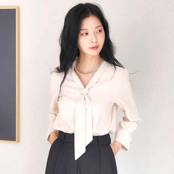V넥 여성 블라우스 쉬폰 긴팔 리본 정장 상의 하객룩 데일리 유피