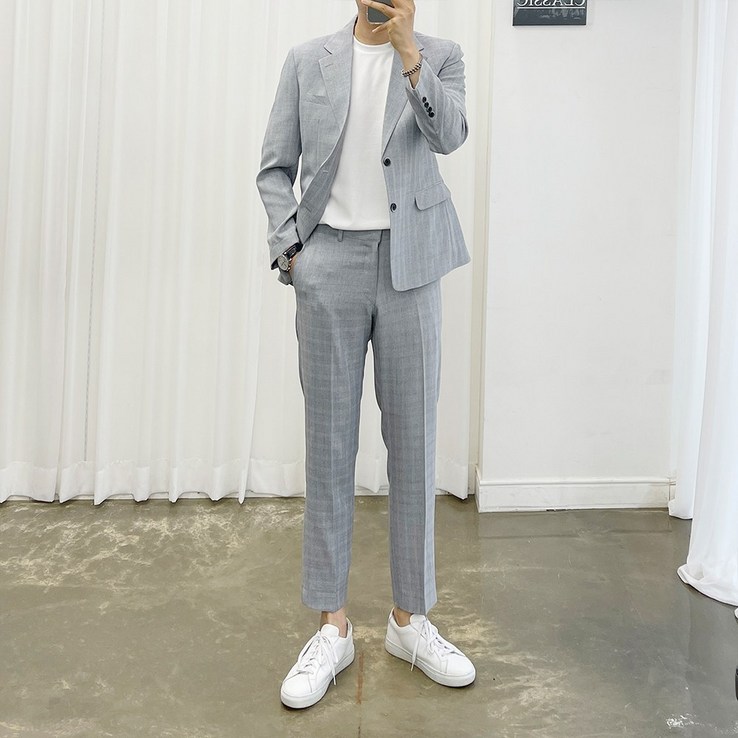 아도르클래식 Mousse 글랜체크 반밴딩 한여름, 봄, 가을 캐주얼 스판 정장 수트 세트
