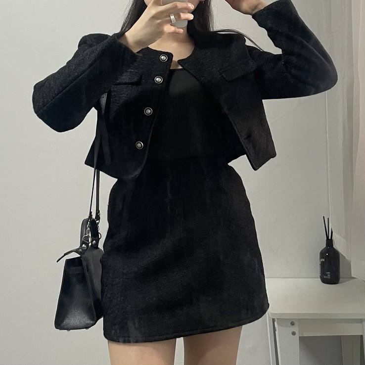 빠른출발올드머니룩연말룩하객룩모헤어 트위드 노카라 셋업 투피스 세트 크롭자켓 A라인 미니 스커트