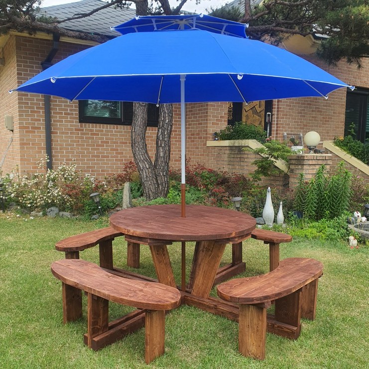미엔우드 야외용 원형 원목 테이블+파라솔 세트 야외 카페 정원 일체형 월넛색