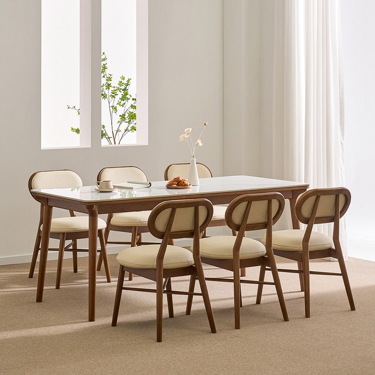 루시드퍼니처 로라 세라믹 원목 식탁세트 6인용 방문설치, 유광 베이지  월넛