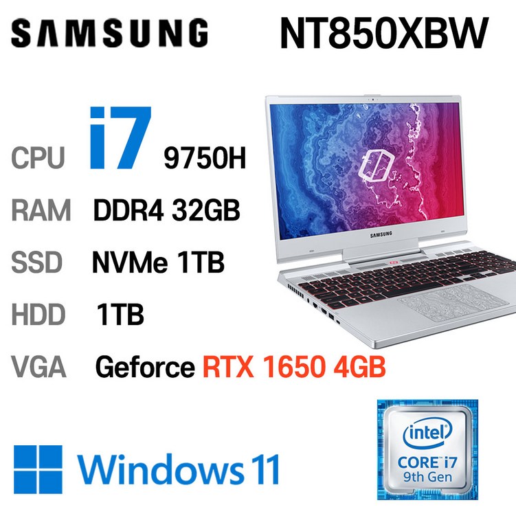 삼성전자 중고노트북 삼성게이밍노트북 오디세이 NT850XBW 인텔 i79750H 9세대 프로세서 32GB NVMe 1TB  HDD 1TB, 티탄실버  HDD 1TB, NT850XBW, 코어i79750H, 1TB, 16GB, WIN11 Pro
