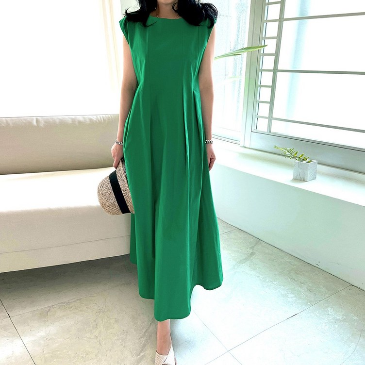 네모엔룩 여성용 모던절개핀턱 여름 A라인 핀턱주름 캡민소매 면 무지 롱 원피스허리끈 포함 NL