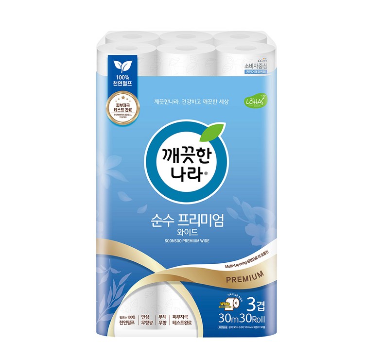 깨끗한나라 3겹 데코 순수 프리미엄 와이드 천연펄프 롤화장지 30m