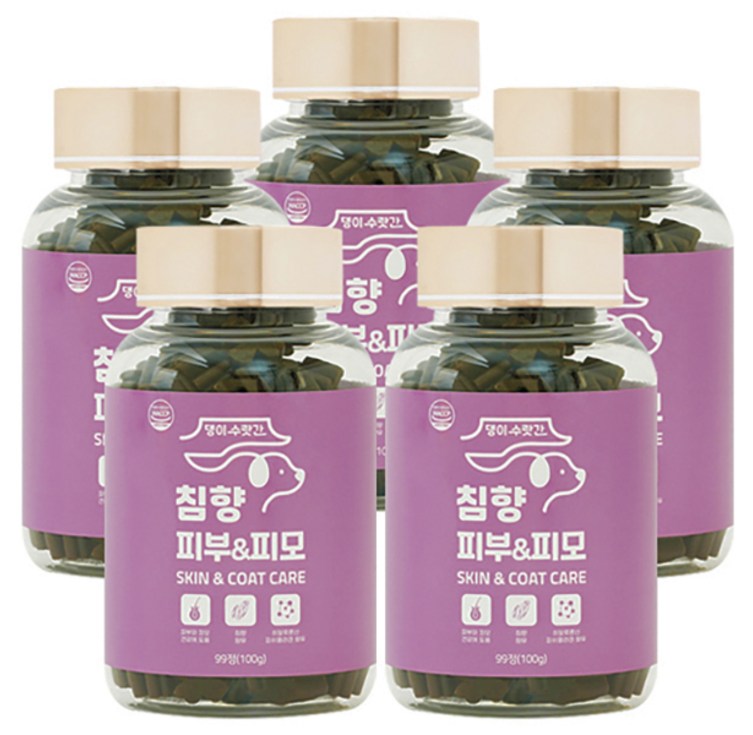 강아지 피부병 곰팡이성 피부염 피부영양제 발습진 아토피 모낭충 댕이수랏간 침향 피부피모 100g, 5개, 피부피모, 99정