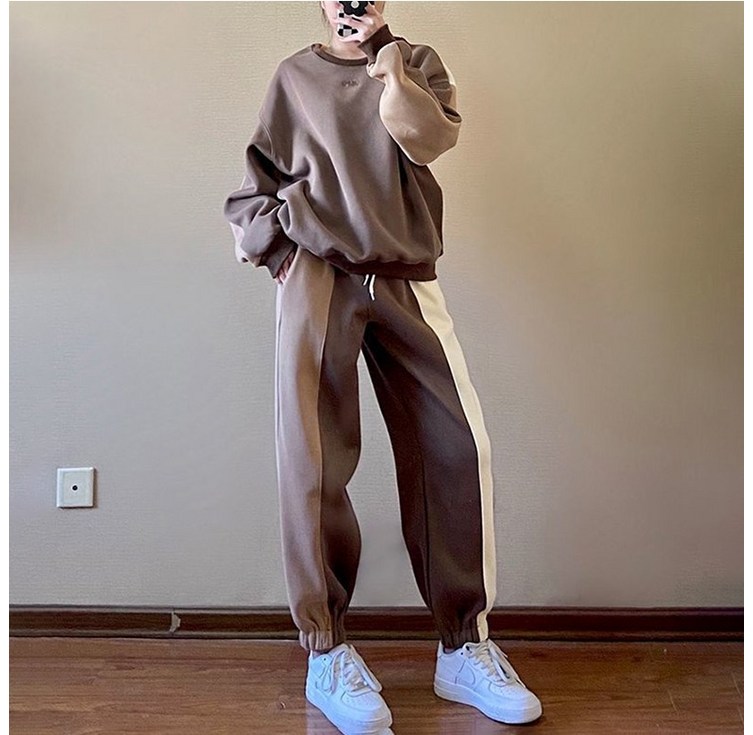 POMTOR 봄 가을 여성용 트레이닝세트 오버핏 배색 맨투맨 조거팬츠 운동복 상하세트 빅 사이즈