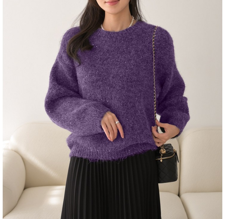 데일리앤 샤인 부드러운 폭닥 펄 울 니트 티셔츠 베이직 여성 겨울 라운드넥 무지 스웨터
