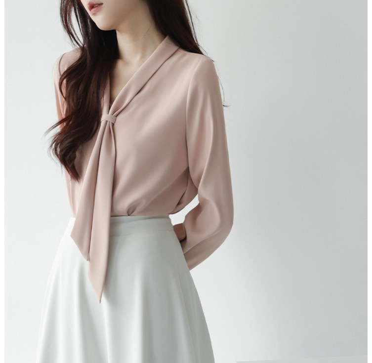 BLACK K7여성오버핏 브이넥 타이블라우스 베이식 데일리 쉬폰 셔츠