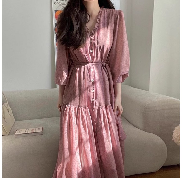 유유라키 여성 브이넥 프릴 꽃무늬 롱 원피스